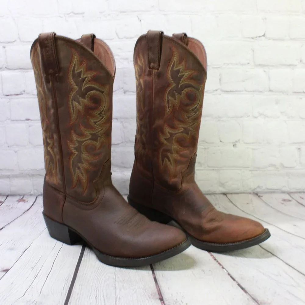 Justin Brown Leather Pointed Toe Slip on Western Cowboy Boots Size 9 D - Picture 3 of 9